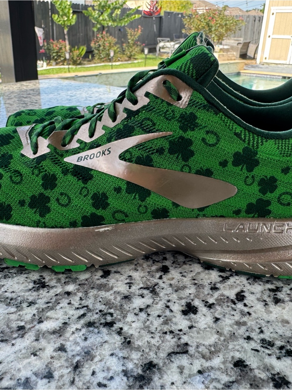 Brooks Green Shamrock-Print Running Shoes with Metallic Gold Accents - Picture 3 of 13